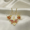 Oro Laminado Earring and Pendant Adult Set, Gold Filled Style Butterfly Design, with Garnet Cubic Zirconia and White Micro Pave, Polished, Golden Finish, 10.210.0134.3