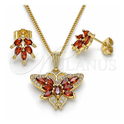 Oro Laminado Earring and Pendant Adult Set, Gold Filled Style Butterfly Design, with Garnet Cubic Zirconia and White Micro Pave, Polished, Golden Finish, 10.210.0134.3