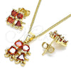 Oro Laminado Earring and Pendant Adult Set, Gold Filled Style Little Girl and Little Boy Design, with Garnet Cubic Zirconia, Polished, Golden Finish, 10.210.0036.3