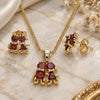 Oro Laminado Earring and Pendant Adult Set, Gold Filled Style Little Girl and Little Boy Design, with Garnet Cubic Zirconia, Polished, Golden Finish, 10.210.0036.3