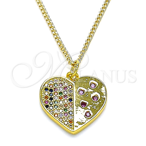 Oro Laminado Pendant Necklace, Gold Filled Style Heart Design, with Multicolor Micro Pave, Polished, Golden Finish, 04.381.0014.20 (02 MM Thickness, 20 Inches Length)