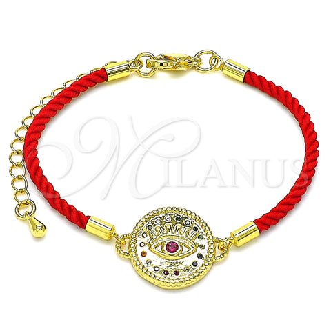 Oro Laminado Fancy Bracelet, Gold Filled Style Evil Eye Design, with Ruby Cubic Zirconia and Multicolor Micro Pave, Polished, Golden Finish, 03.381.0012.06 (02 MM Thickness, 6 Inches Length)