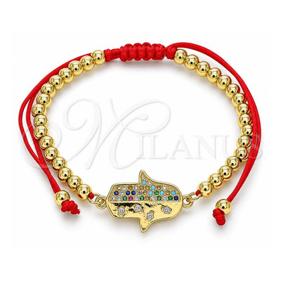 Oro Laminado Adjustable Bolo Bracelet, Gold Filled Style Hand of God and Ball Design, with Multicolor Micro Pave, Polished, Golden Finish, 03.381.0014.11 (04 MM Thickness, 11 Inches Length)