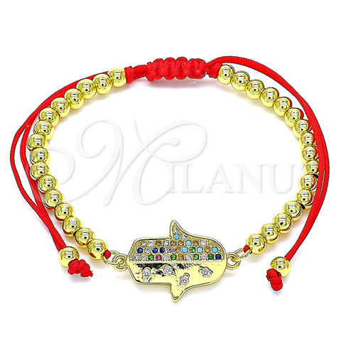 Oro Laminado Adjustable Bolo Bracelet, Gold Filled Style Hand of God and Ball Design, with Multicolor Micro Pave, Polished, Golden Finish, 03.381.0014.11 (04 MM Thickness, 11 Inches Length)