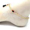 Oro Laminado Charm Anklet , Gold Filled Style Hand Design, with Black and Orange Red Crystal, Polished, Golden Finish, 03.63.1812.10 (04 MM Thickness, 10 Inches Length)