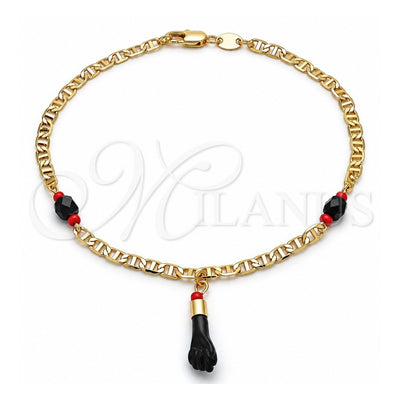 Oro Laminado Charm Anklet , Gold Filled Style Hand Design, with Black and Orange Red Crystal, Polished, Golden Finish, 03.63.1812.10 (04 MM Thickness, 10 Inches Length)