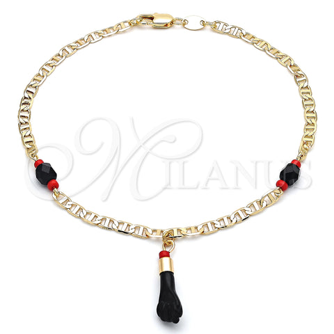 Oro Laminado Charm Anklet , Gold Filled Style Hand Design, with Black and Orange Red Crystal, Polished, Golden Finish, 03.63.1812.10 (04 MM Thickness, 10 Inches Length)