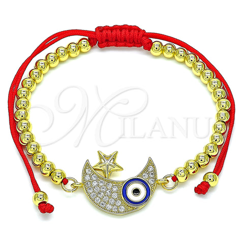 Oro Laminado Adjustable Bolo Bracelet, Gold Filled Style Evil Eye and Moon Design, with White Micro Pave, Blue Enamel Finish, Golden Finish, 03.381.0020.10 (04 MM Thickness, 10 Inches Length)