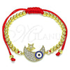 Oro Laminado Adjustable Bolo Bracelet, Gold Filled Style Evil Eye and Moon Design, with White Micro Pave, Blue Enamel Finish, Golden Finish, 03.381.0020.10 (04 MM Thickness, 10 Inches Length)