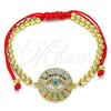 Oro Laminado Adjustable Bolo Bracelet, Gold Filled Style Evil Eye and Ball Design, with Multicolor Micro Pave, Turquoise Enamel Finish, Golden Finish, 03.381.0024.10 (04 MM Thickness, 10 Inches Length)