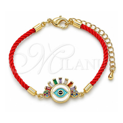 Oro Laminado Fancy Bracelet, Gold Filled Style Evil Eye Design, with Multicolor Cubic Zirconia and Multicolor Micro Pave, White Enamel Finish, Golden Finish, 03.381.0029.06 (02 MM Thickness, 6 Inches Length)