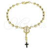 Oro Laminado Bracelet Rosary, Gold Filled Style Guadalupe and Cross Design, Polished, Golden Finish, 09.213.0029.08