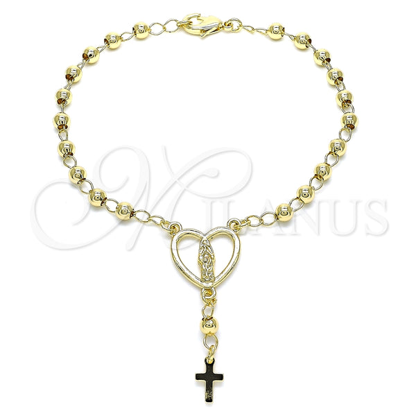 Oro Laminado Bracelet Rosary, Gold Filled Style Guadalupe and Cross Design, Polished, Golden Finish, 09.213.0031.08