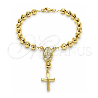 Oro Laminado Bracelet Rosary, Gold Filled Style Guadalupe and Cross Design, Polished, Golden Finish, 09.213.0011.08