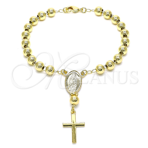 Oro Laminado Bracelet Rosary, Gold Filled Style Guadalupe and Cross Design, Polished, Golden Finish, 09.213.0011.08