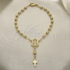 Oro Laminado Bracelet Rosary, Gold Filled Style Guadalupe and Cross Design, Polished, Golden Finish, 09.213.0012.08