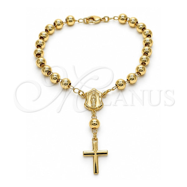 Oro Laminado Bracelet Rosary, Gold Filled Style Guadalupe and Cross Design, Polished, Golden Finish, 09.213.0012.08