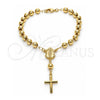 Oro Laminado Bracelet Rosary, Gold Filled Style Guadalupe and Cross Design, Polished, Golden Finish, 09.213.0012.08