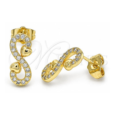 Oro Laminado Stud Earring, Gold Filled Style Infinite and Heart Design, with White Micro Pave, Polished, Golden Finish, 02.210.0509