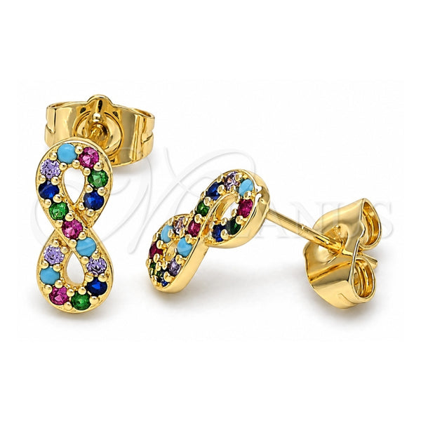 Oro Laminado Stud Earring, Gold Filled Style Infinite Design, with Multicolor Micro Pave, Polished, Golden Finish, 02.210.0510.1