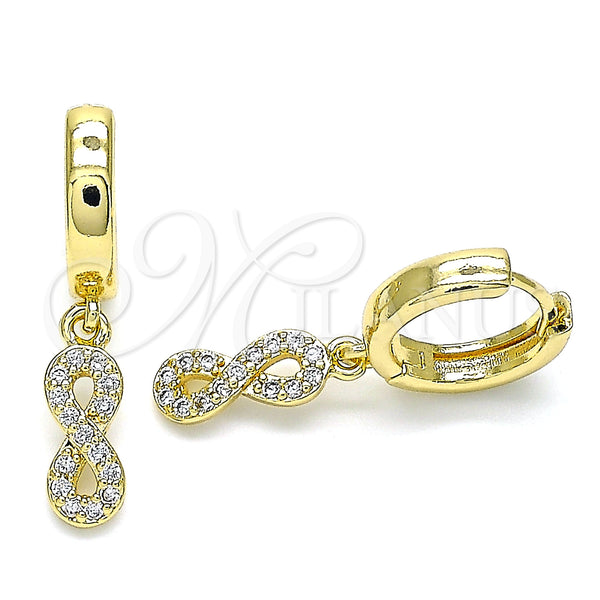 Gold Filled Hoop Earrings — Huggie Hoop Infinite Design with White Micro Pave — main product view — SKU 143259 | Oro Laminado aretes de aro — Huggie Hoop Infinite diseño with blanco Micro Pave — SKU 143259