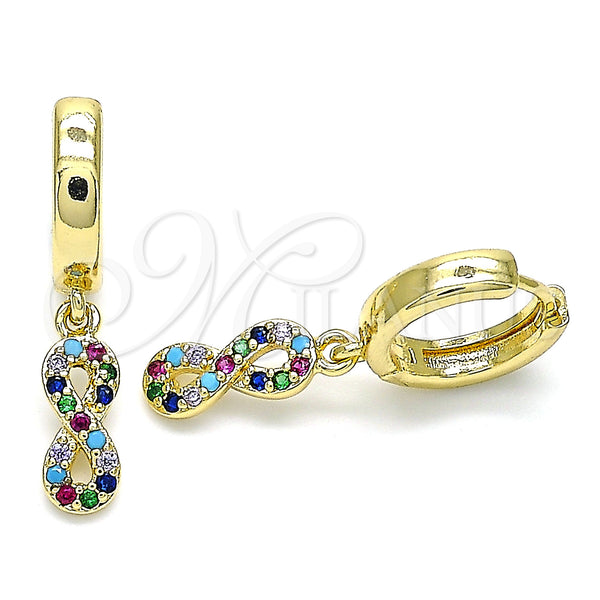 Gold Filled Hoop Earrings — Huggie Hoop Infinite Design with Multicolor Micro Pave — main product view — SKU 143261 | Oro Laminado aretes de aro — Huggie Hoop Infinite diseño with Multicolor Micro Pave — SKU 143261