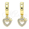 Oro Laminado Huggie Hoop, Gold Filled Style Heart and Crown Design, with White Micro Pave, Polished, Golden Finish, 02.210.0512.15