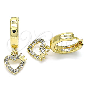 Gold Filled Hoop Earrings — Huggie Hoop Heart and Crown Design with White — main product view — SKU 143262 | Oro Laminado aretes de aro — Huggie Hoop corazón and Crown diseño with blanco — SKU 143262