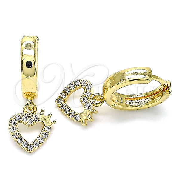 Gold Filled Hoop Earrings — Huggie Hoop Heart and Crown Design with White — main product view — SKU 143262 | Oro Laminado aretes de aro — Huggie Hoop corazón and Crown diseño with blanco — SKU 143262