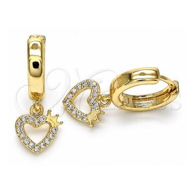 Oro Laminado Huggie Hoop, Gold Filled Style Heart and Crown Design, with White Micro Pave, Polished, Golden Finish, 02.210.0512.15