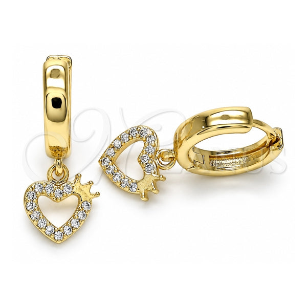 Oro Laminado Huggie Hoop, Gold Filled Style Heart and Crown Design, with White Micro Pave, Polished, Golden Finish, 02.210.0512.15