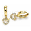 Oro Laminado Huggie Hoop, Gold Filled Style Heart and Crown Design, with White Micro Pave, Polished, Golden Finish, 02.210.0512.15