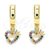 Oro Laminado Huggie Hoop, Gold Filled Style Heart and Crown Design, with Multicolor Micro Pave, Polished, Golden Finish, 02.210.0512.1.15
