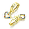 Oro Laminado Huggie Hoop, Gold Filled Style Heart and Crown Design, with Multicolor Micro Pave, Polished, Golden Finish, 02.210.0512.1.15