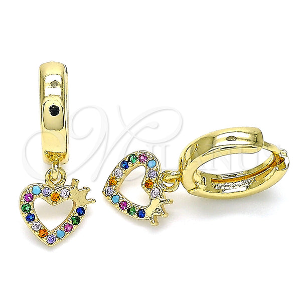 Gold Filled Hoop Earrings — Huggie Hoop Heart and Crown Design with Multicolor — main product view — SKU 143263 | Oro Laminado aretes de aro — Huggie Hoop corazón and Crown diseño with Multicolor — SKU 143263