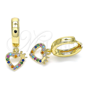 Gold Filled Hoop Earrings — Huggie Hoop Heart and Crown Design with Multicolor — main product view — SKU 143263 | Oro Laminado aretes de aro — Huggie Hoop corazón and Crown diseño with Multicolor — SKU 143263