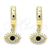 Oro Laminado Huggie Hoop, Gold Filled Style Evil Eye Design, with Black Cubic Zirconia and White Micro Pave, Polished, Golden Finish, 02.210.0513.15