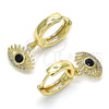 Oro Laminado Huggie Hoop, Gold Filled Style Evil Eye Design, with Black Cubic Zirconia and White Micro Pave, Polished, Golden Finish, 02.210.0513.15