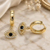 Oro Laminado Huggie Hoop, Gold Filled Style Evil Eye Design, with Black Cubic Zirconia and White Micro Pave, Polished, Golden Finish, 02.210.0513.15