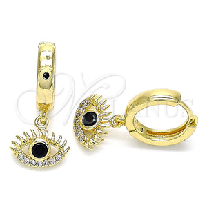 Gold Filled Hoop Earrings — Huggie Hoop Evil Eye Design with Black Cubic — main product view — SKU 143264 | Oro Laminado aretes de aro — Huggie Hoop Evil Eye diseño with negro Cubic — SKU 143264