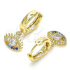 Oro Laminado Huggie Hoop, Gold Filled Style Evil Eye Design, with White Cubic Zirconia and Multicolor Micro Pave, Polished, Golden Finish, 02.210.0513.1.15