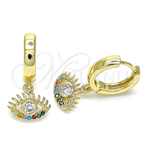 Gold Filled Hoop Earrings — Huggie Hoop Evil Eye Design with White Cubic — main product view — SKU 143265 | Oro Laminado aretes de aro — Huggie Hoop Evil Eye diseño with blanco Cubic — SKU 143265