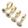 Oro Laminado Huggie Hoop, Gold Filled Style Evil Eye Design, with White Cubic Zirconia and Multicolor Micro Pave, Polished, Golden Finish, 02.210.0513.1.15