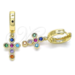 Oro Laminado Huggie Hoop, Gold Filled Style Cross Design, with Multicolor Cubic Zirconia, Polished, Golden Finish, 02.210.0514.1.15