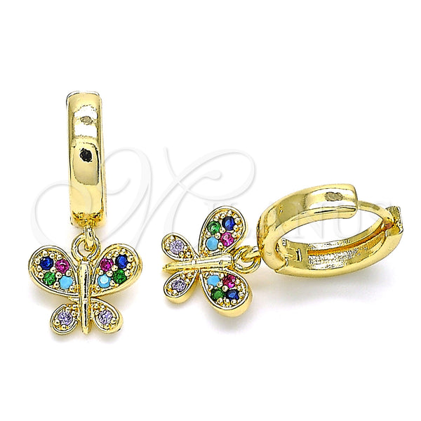 Gold Filled Hoop Earrings — Huggie Hoop Butterfly Design with Multicolor Micro Pave — main product view — SKU 143271 | Oro Laminado aretes de aro — Huggie Hoop Butterfly diseño with Multicolor Micro Pave — SKU 143271