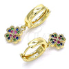 Oro Laminado Huggie Hoop, Gold Filled Style Four-leaf Clover Design, with Multicolor Micro Pave, Polished, Golden Finish, 02.210.0517.1.15