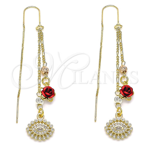 Oro Laminado Threader Earring, Gold Filled Style Evil Eye and Flower Design, with White Micro Pave, Polished, Tricolor, 02.253.0015