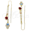 Oro Laminado Threader Earring, Gold Filled Style Hand of God and Flower Design, with White Micro Pave, Turquoise Enamel Finish, Tricolor, 02.253.0017