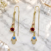 Oro Laminado Threader Earring, Gold Filled Style Judaica and Hand of God Design, with White Micro Pave, Turquoise Enamel Finish, Tricolor, 02.253.0017