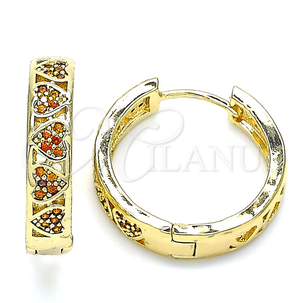 Gold Filled Hoop Earrings — Huggie Hoop Heart Design with Garnet Micro Pave — main product view — SKU 143296 | Oro Laminado aretes de aro — Huggie Hoop corazón diseño with Garnet Micro Pave — SKU 143296